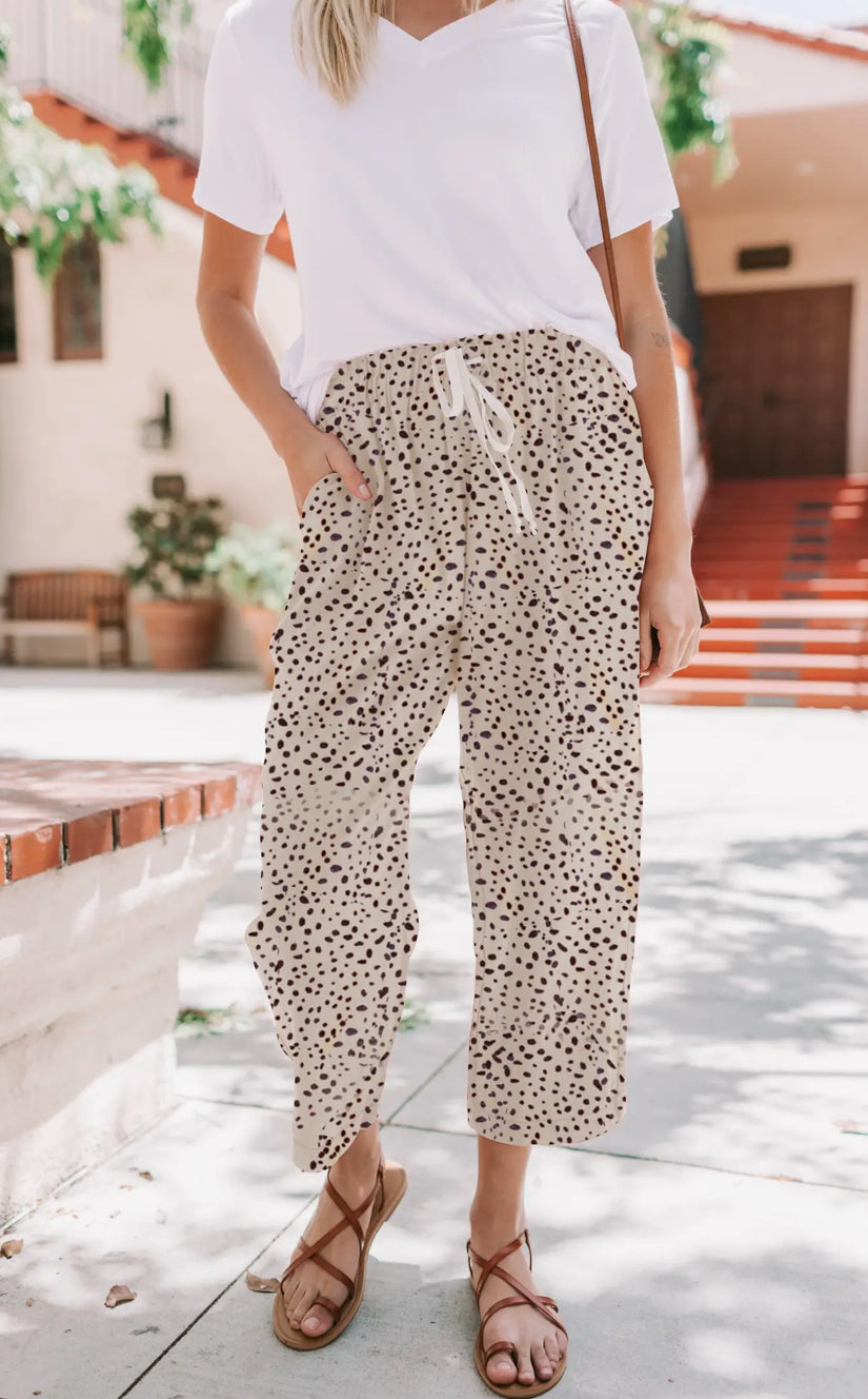 Dot Print Tie Waist Cropped Pants