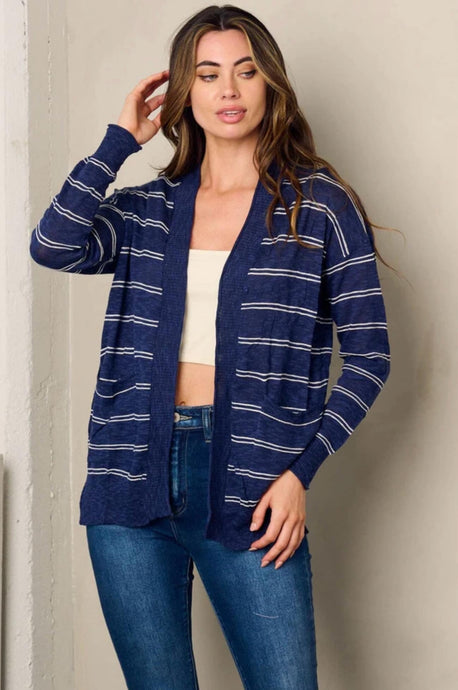 Navy Striped Open Front Cardigan