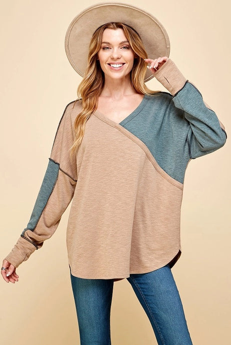 Color Block Out Stitching Long Sleeve Top