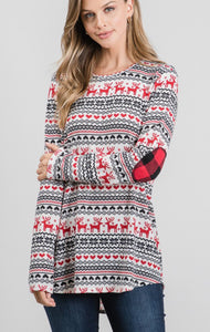 Reindeer Print Tunic Top with Plaid Elbow Patches