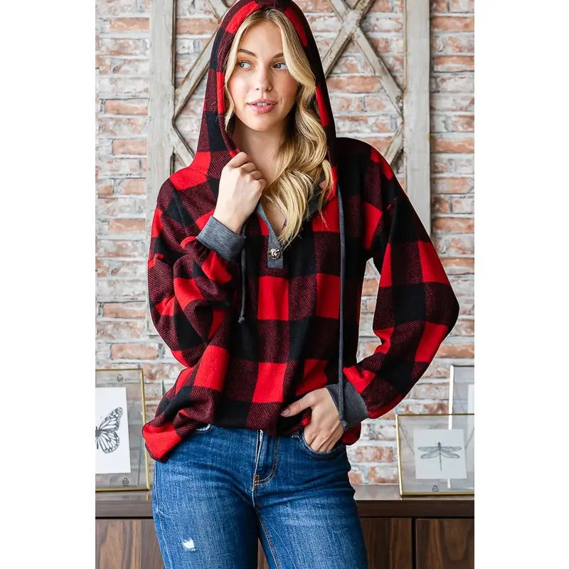 Plaid Hooded Long Sleeve Top