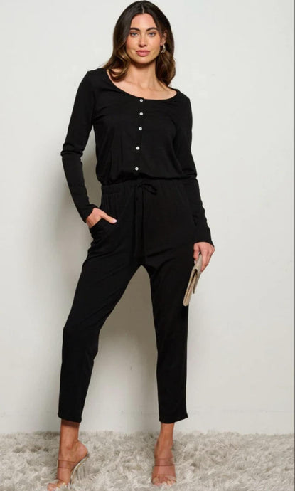 Long Sleeve Elastic Waist Self Tie Jumpsuit