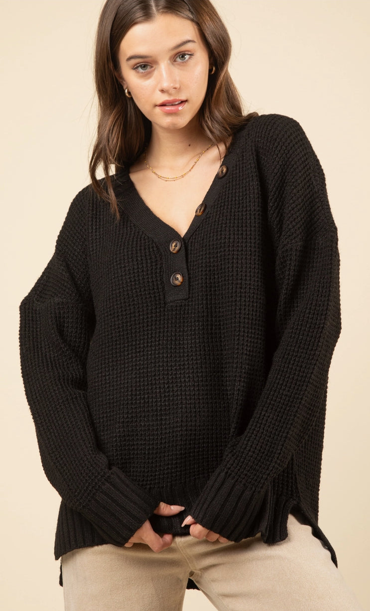 V-Neck Button Up Waffle Sweater