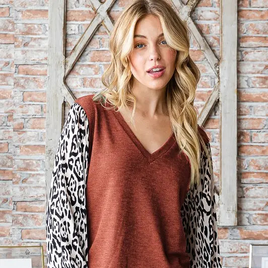 Plus Long Sleeve Thermal and Animal Print Top