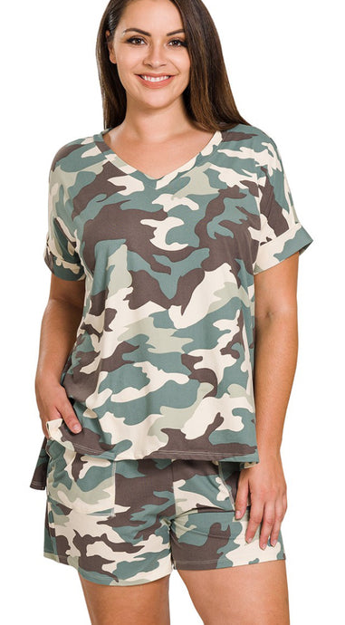 Plus Camouflage V-Neck Top & Shorts