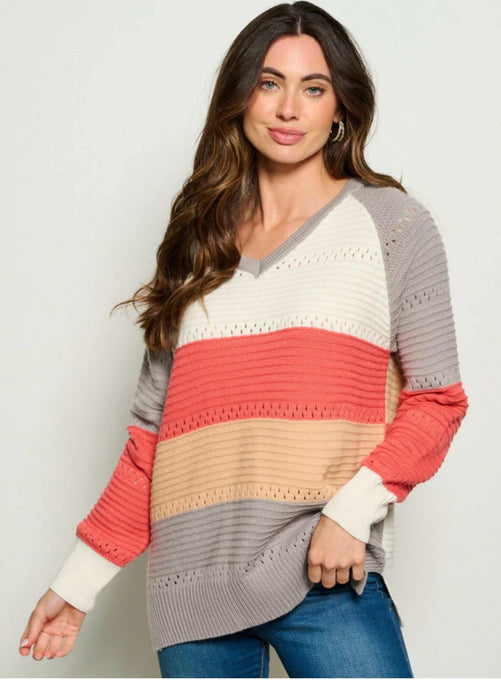 V-Neck Hooded Color Block Sweater