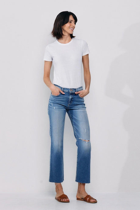 Mid Rise Frayed Hem Bootcut Jeans