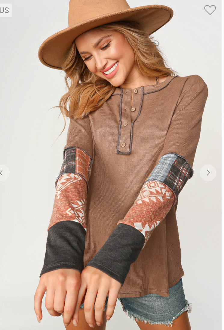 Plus Thermal Button Down Aztec Sleeve Top
