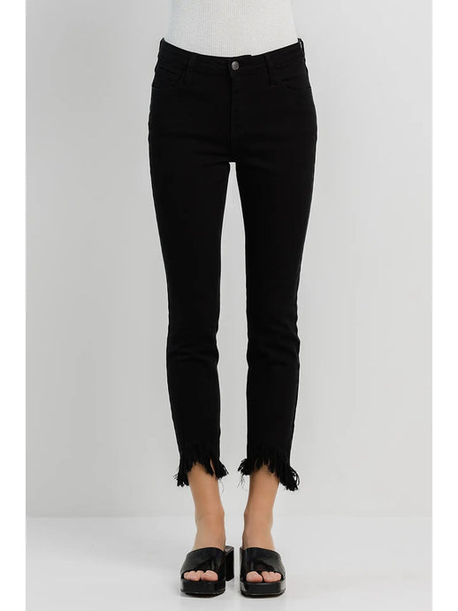 Mid Rise Black Fringe Hem Skinny Jeans