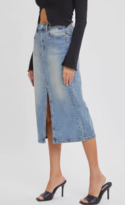 High Rise Midi Denim Skirt with Front Slit