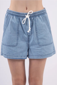 High Waist Washed Chambray Denim Shorts