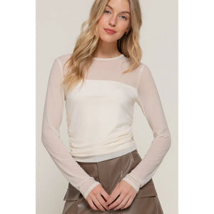 Long Sleeve Ruched Detail Mesh Top