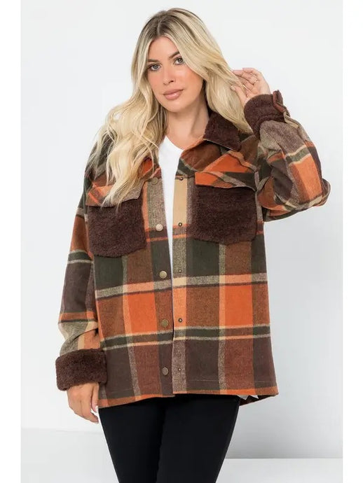 Plus Plaid Wool-Like Shacket with Sherpa Lining