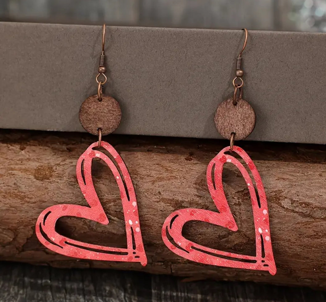 Hollow Red Heart Wooden Earrings