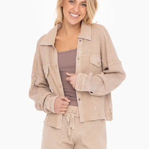 Waffle Knit Mineral-Washed Cropped Jacket