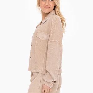Waffle Knit Mineral-Washed Cropped Jacket