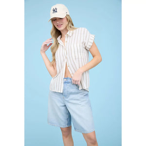 Stripe Collared Short Sleeve Button Shirt
