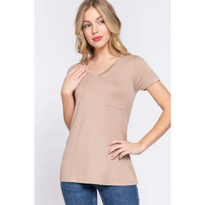 Short Sleeve V-Neck Top with Pocket
