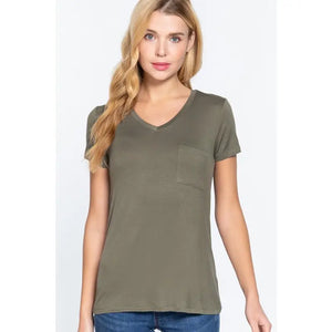 Short Sleeve V-Neck Top with Pocket