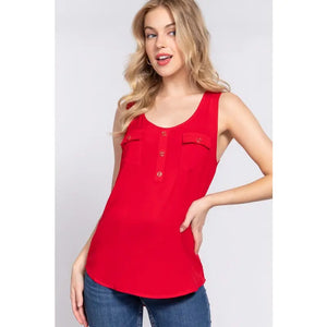 Sleeveless Scoop Neck Buttoned Pocket Woven Top