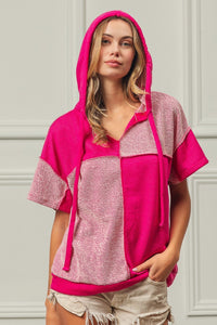 Two Tone French Terry Contrast V Neck Hoodie