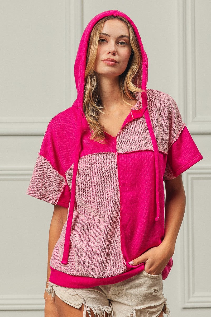 Two Tone French Terry Contrast V Neck Hoodie