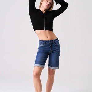 Mid Rise Ultra Stretch Bermuda Shorts w/Cuffed Hem