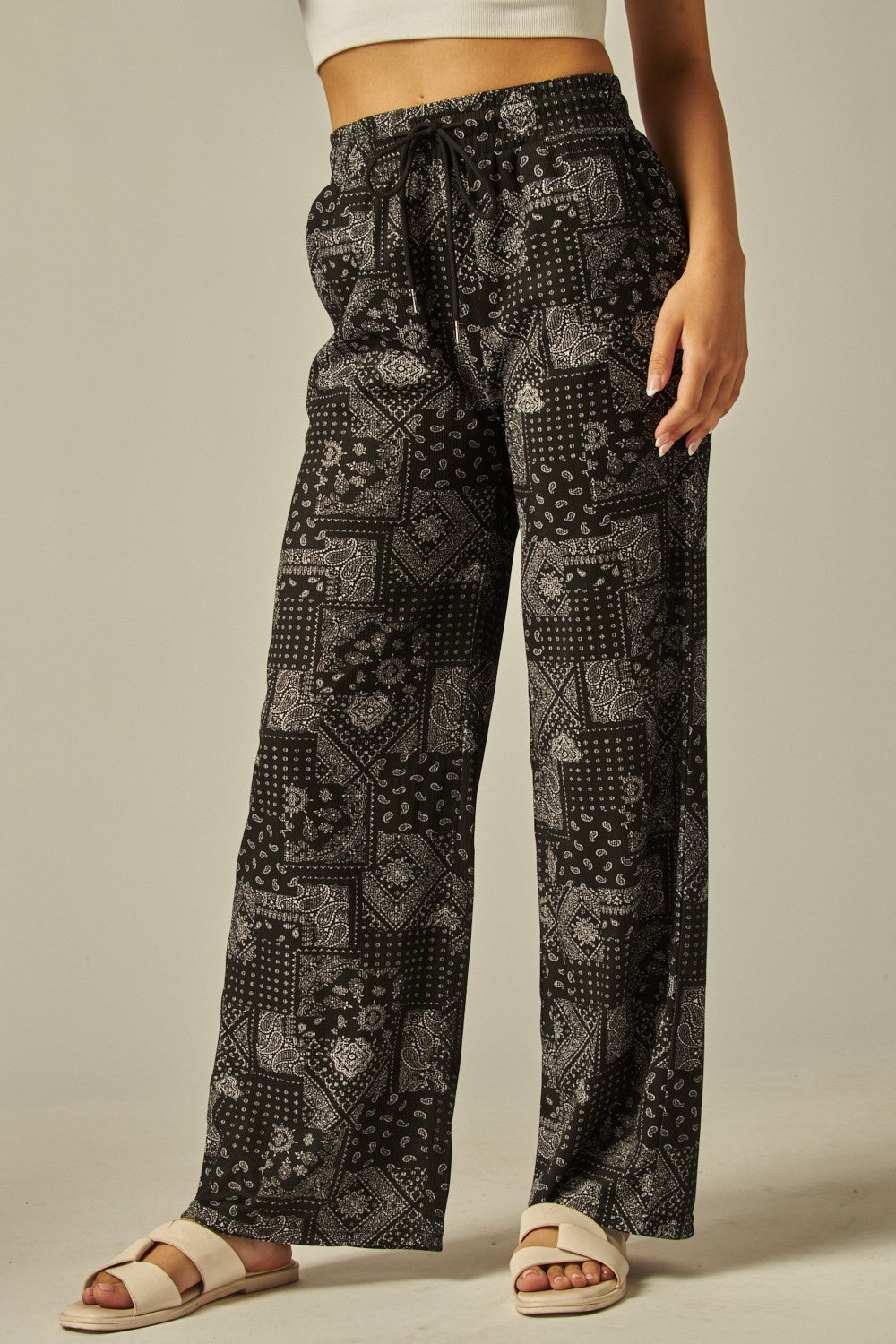 Bohemian Print Rib Drawstring Pocket Wide Leg Pant