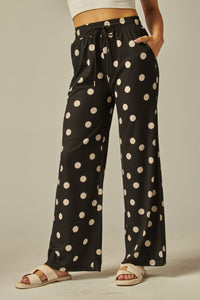 Polka dot Print Rib Drawstring Pocket Wide Pants