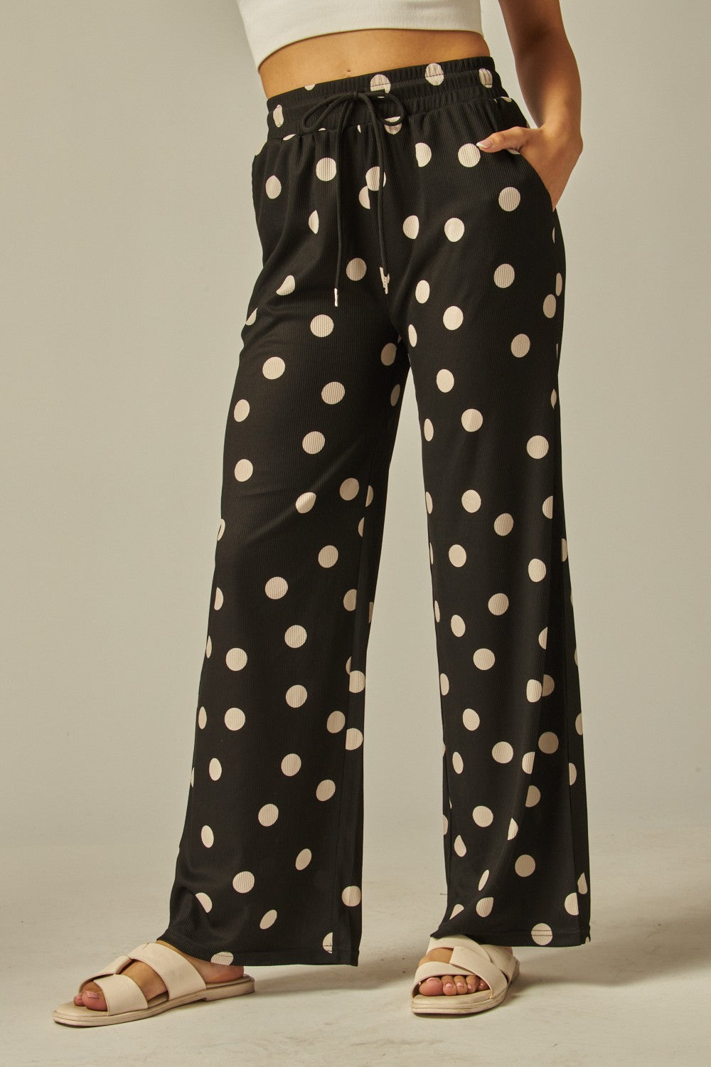 Polka dot Print Rib Drawstring Pocket Wide Pants