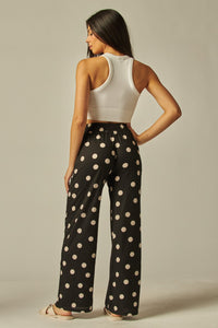 Polka dot Print Rib Drawstring Pocket Wide Pants