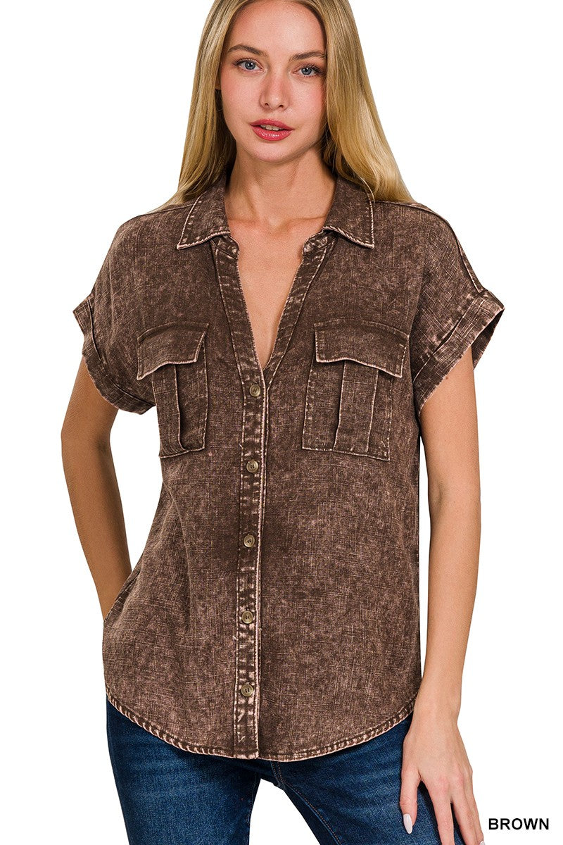 Washed Linen Button Down Batwing Sleeve Shirt