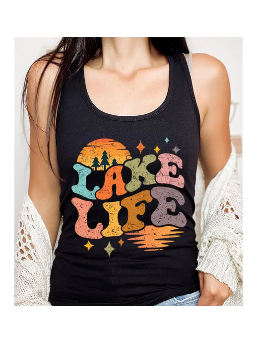 Retro Lake Life Graphic Racerback Tank Top