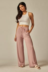 Stretchy Ribbed Drawstring Pocket Wide Leg Pants