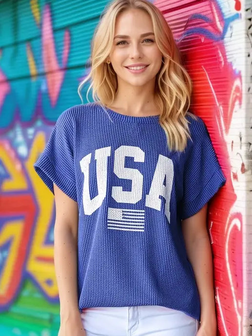 Plus Solid Ribbed USA Lettering Top