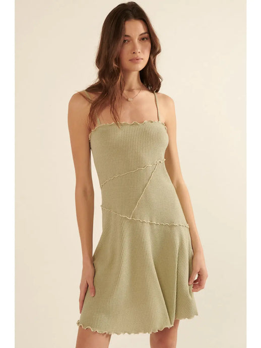Solid Waffle Knit Expose Seam Cami Strap Mini Dress