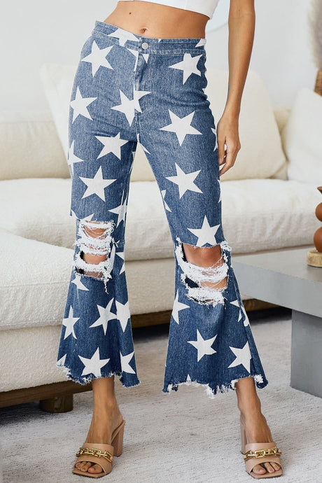 Distressed Detail Star Print Flare Jeans