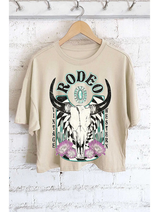 Rodeo Cow Skull Flower Vintage Western Graphic Long Crop Top