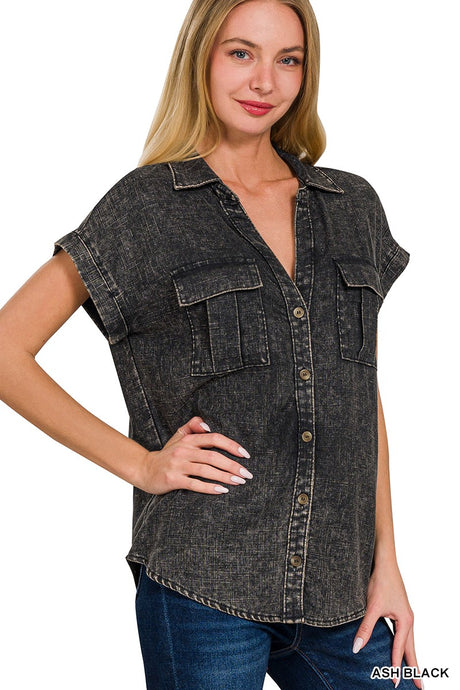 Washed Linen Button Down Batwing Sleeve Shirt