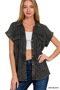 Washed Linen Button Down Batwing Sleeve Shirt