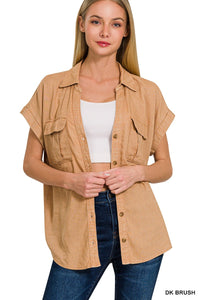 Washed Linen Button Down Batwing Sleeve Shirt