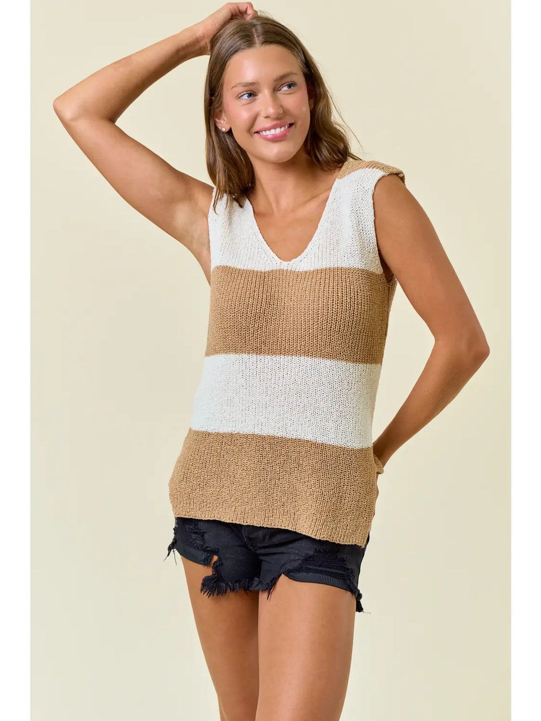 Scoop Neck Wide Striped Sweater Tank w/ Side Slit
