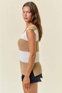 Scoop Neck Wide Striped Sweater Tank w/ Side Slit