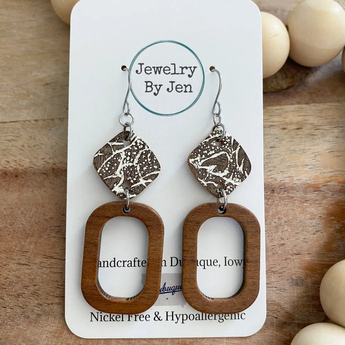 Wood Cutout Rectangle W/Cream & Brown Tooled Earrings