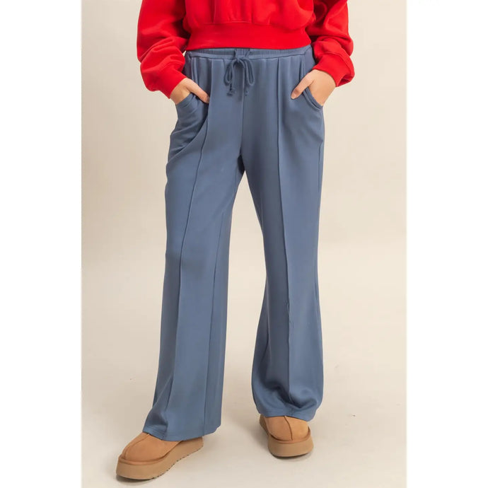Scuba High-Waist Drawstring Pintuck Wide Leg Pants