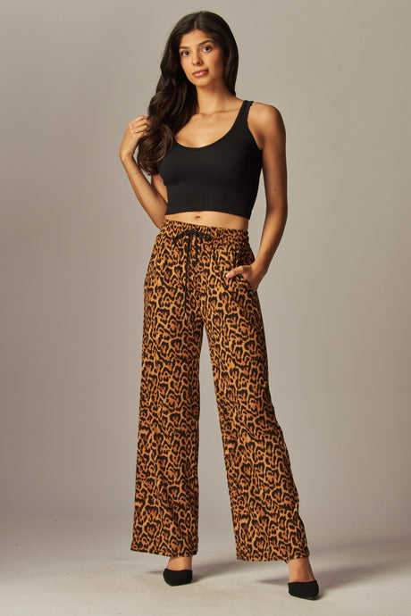 Leopard Print Rib Drawstring Pocket Wide Leg Pant