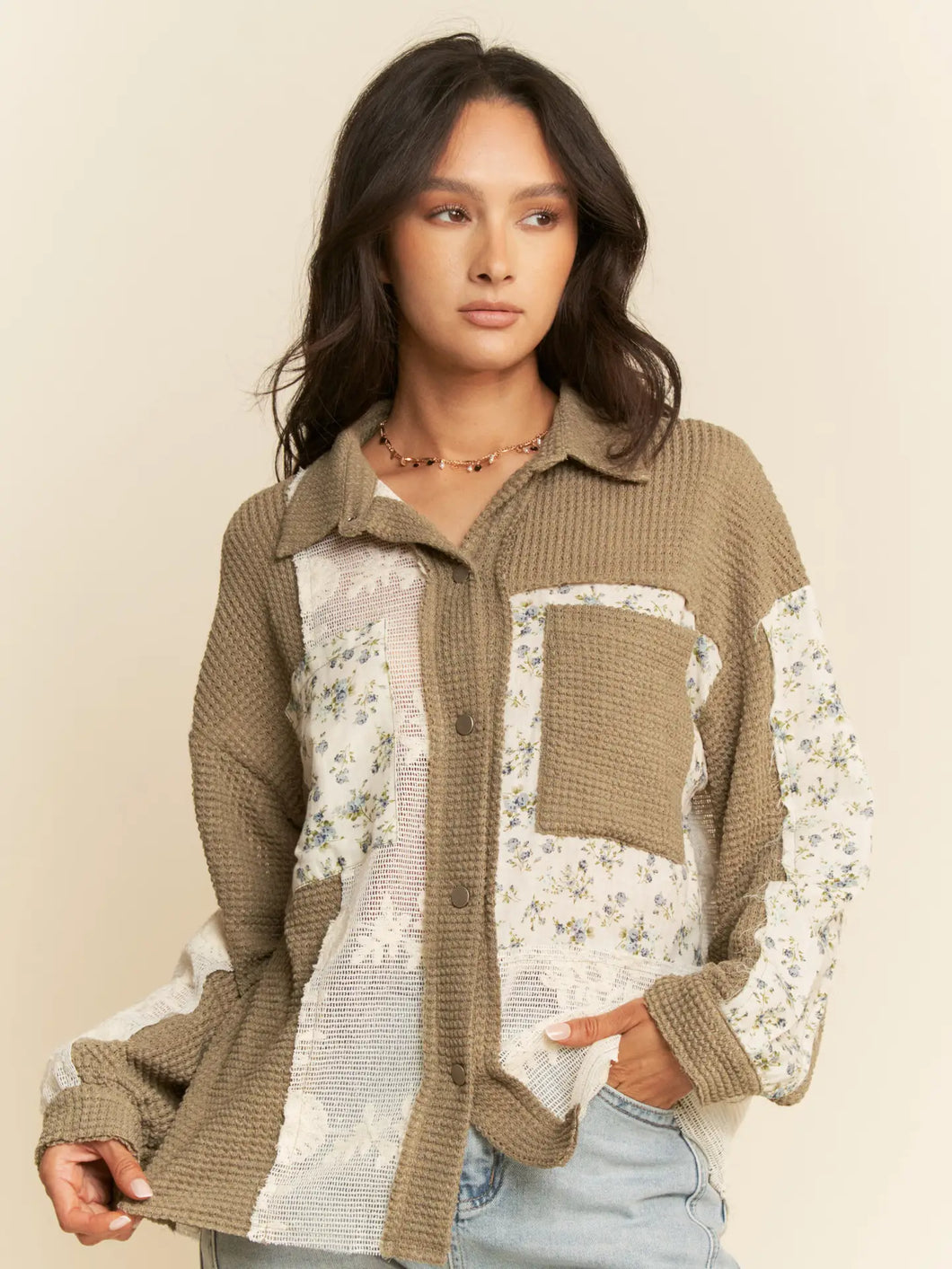 Multi Fabric Thermal Lace Clean Hem Knit Shacket