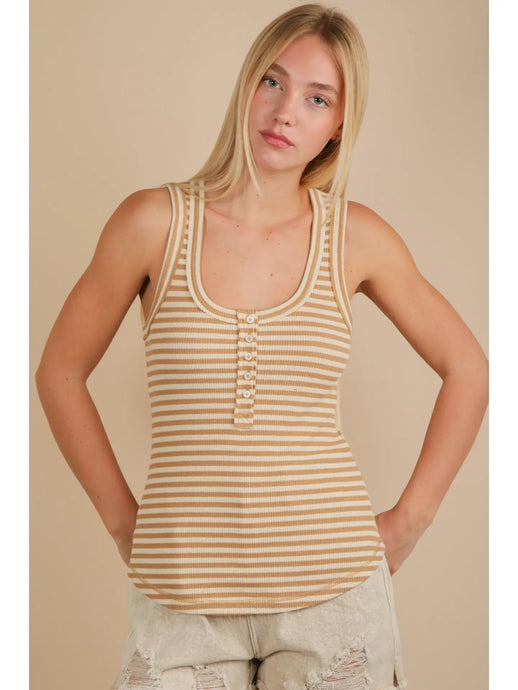Striped Button Down Fitted Knit Tank Top