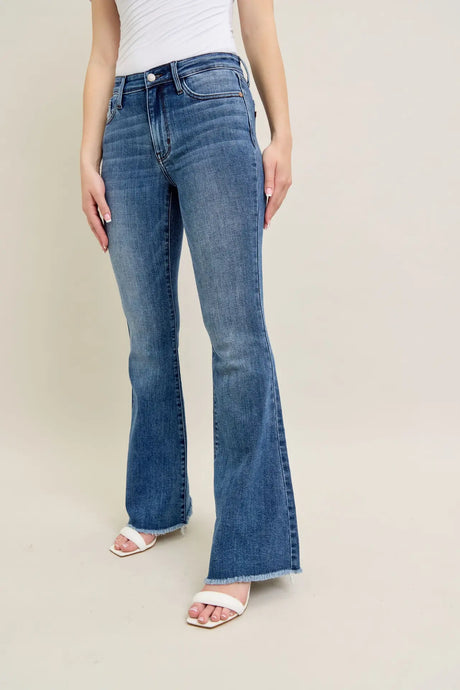 Mid Rise Vintage Wash Flare w/ Distressed and Fray Hem Judy Blue
