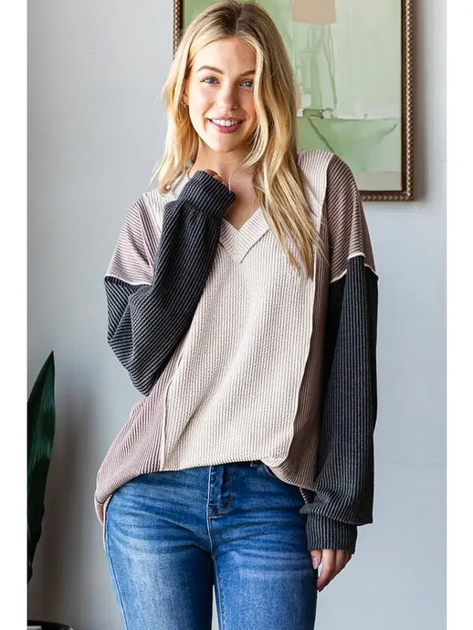 Plus Puff Sleeve Solid Urban Ribbed Color Block Top